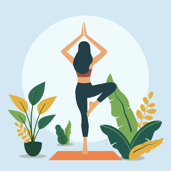 Kvinna Övar Yoga Pose Sport Meditation Parken Med Växt Royaltyfria Stockvektorer