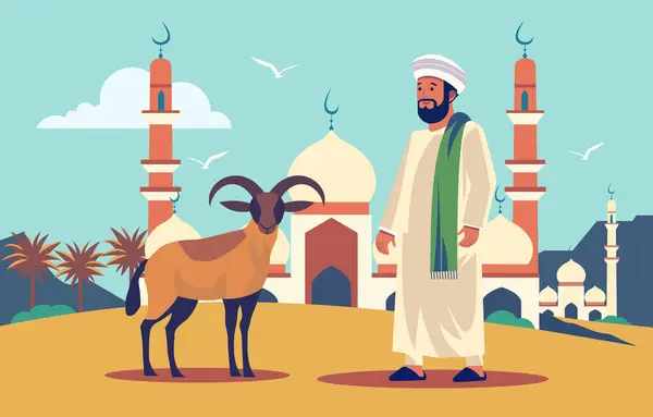 Arabisk Muslimsk Man Med Får Get Framför Moskén För Islamiska Stockillustration