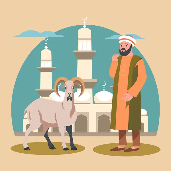 Arabisk Muslimsk Man Med Får Get Framför Moskén För Islamiska Royaltyfria illustrationer