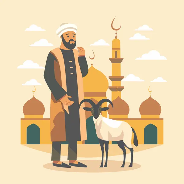 Arabisk Muslimsk Man Med Får Get Framför Moskén För Islamiska Stockvektor
