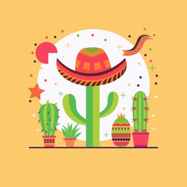 Cinco De Mayo 'nun Düz Tasarımı Meksika' da Kovboy Şapkası Kaktüsüyle Kutlama