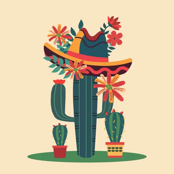 Meksika Kaktüs Bitkisi Çiçek Çiçeği Dekorasyonu Ile Cinco Mayo Kutlaması Telifsiz Stok Illüstrasyonlar