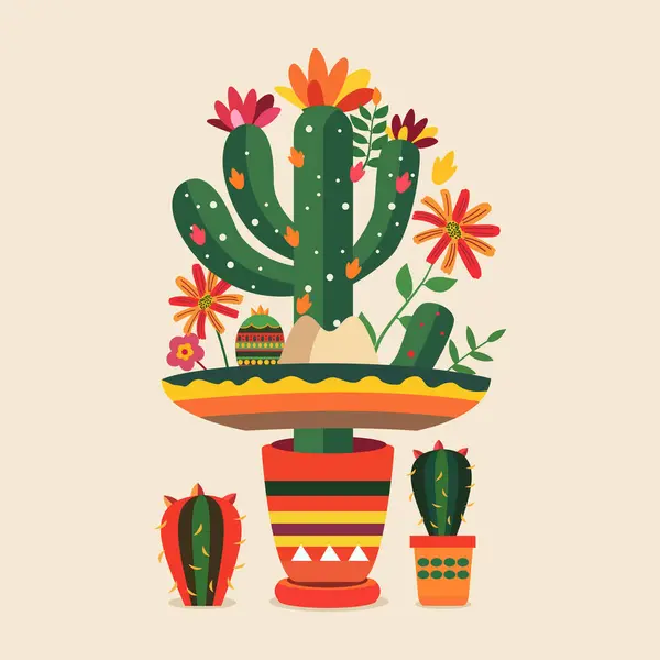 Meksika Kaktüs Bitkisi Çiçek Çiçeği Dekorasyonu Ile Cinco Mayo Kutlaması Telifsiz Stok Vektörler