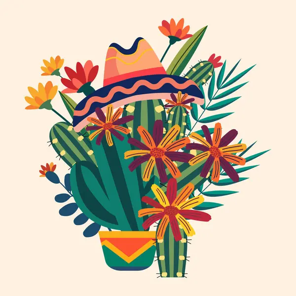 Meksika Kaktüs Bitkisi Çiçek Çiçeği Dekorasyonu Ile Cinco Mayo Kutlaması Stok Illüstrasyon