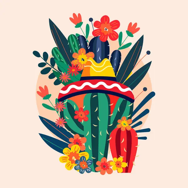 Meksika Kaktüs Bitkisi Çiçek Çiçeği Dekorasyonu Ile Cinco Mayo Kutlaması Stok Vektör