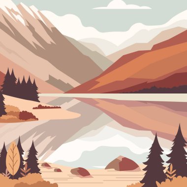 Ormanda Çam Ağacı ve Nehir Altında Kayalık Dağ Manzarası