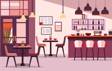 Bar ve Müşteri için Sandalye Masası olan Cafe Restoran 'ın iç mekanı