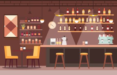 Bar ve Müşteri için Sandalye Masası olan Cafe Restoran 'ın iç mekanı