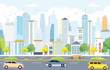 Aydınlık Gün 'de Şehir Yolu Trafiğinde Arabaların Düz Tasarım İllüstrasyonu