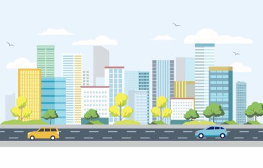 Aydınlık Gün 'de Şehir Yolu Trafiğinde Arabaların Düz Tasarım İllüstrasyonu