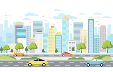 Aydınlık Gün 'de Şehir Yolu Trafiğinde Arabaların Düz Tasarım İllüstrasyonu