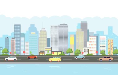 Güneşli bir günde Lake River ve Car in Road Trafiğinde Şehir Manzarası Binasının Düz Tasarım İllüstrasyonu