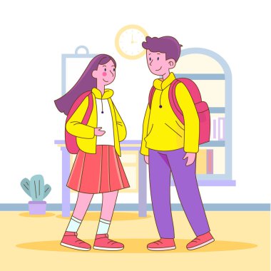 Okula Sırt çantasıyla dönen Sevimli Kız Karakterinin Düz Tasarım Çizimi