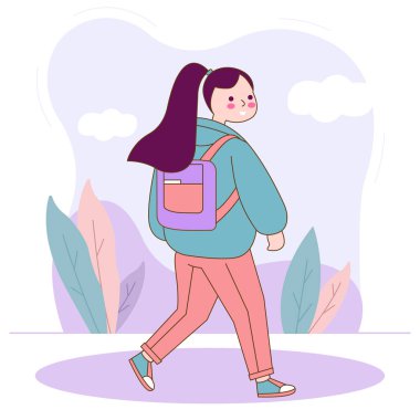 Şirin Güzel Kız Karakterinin Düz Tasarımı Gülümseyen İfadeyle Okula Dönüş