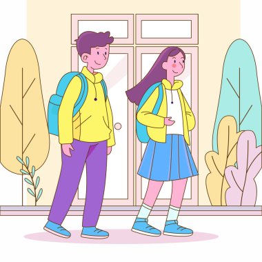 Okula Sırt çantasıyla dönen Sevimli Kız Karakterinin Düz Tasarım Çizimi