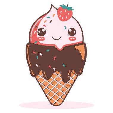 Şirin Çilek Külahı Dondurma Çizgi Filminin Mutlu İfadeli Vektör Tasarımı