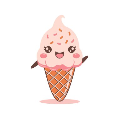 Şirin Pembe Çilek Külahı Dondurma Çizgi Filminin Mutlu İfadesiyle Vektör Tasarımı