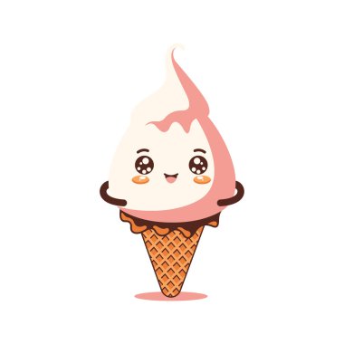 Şirin Pembe Çilek Külahı Dondurma Çizgi Filminin Mutlu İfadesiyle Vektör Tasarımı