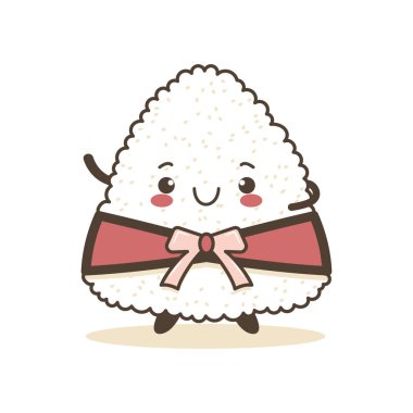 Cute Onigiri Rice Japanese Food Cartoon Character Wearing Pink Ribbon with Smile Expression clipart