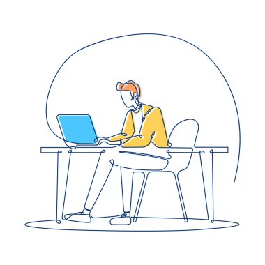 Çalışma Alanında Çalışan İşadamı Dizüstü bilgisayarla Dolu Devamlı Çizgi Sanat Vektörü Kullanıyor