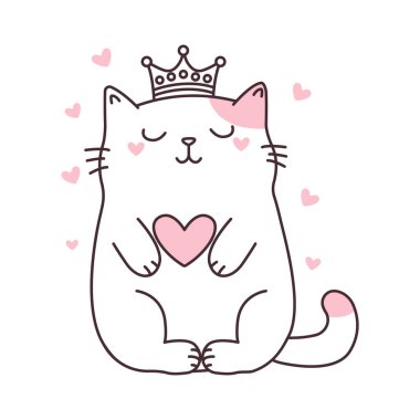 Sevimli Aşk Kedisi Çizgi Film Karakteri Crown Vector İllüzyonu Giyiyor