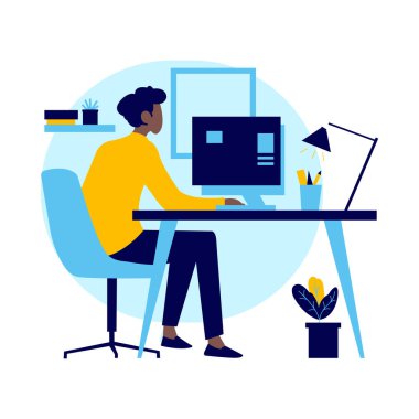 Ofiste bilgisayarla çalışan Siyah Adam 'ın Düz Tasarım İllüstrasyonu