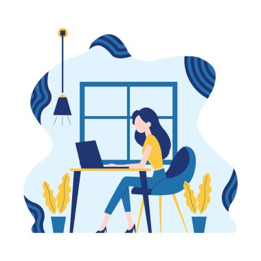 Ofisteki Akışkan Arkaplan Bilgisayarını kullanan Kadın Çalışan Çizimi