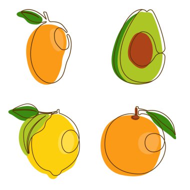 Mango Avokado Limonlu Portakal Meyvesi Çizgi Sanatında Sağlıklı Yemek