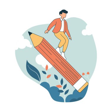 Lisedeki Erkek Öğrenci Karakteri Çizim Parktaki Dev Kalem Sörfü