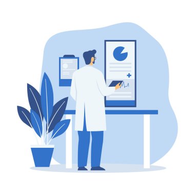 Ekranda Bilgiyle Erkek Doktor Analiz Verilerinin Düz Tasarım Çizimi