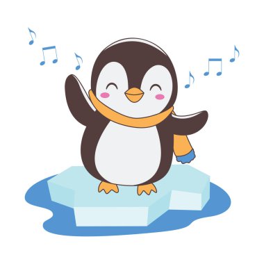 Sevimli Penguen Hayvan Karakteri Mutlu İfadeyle Kutup Buzu 'nda Eşarp Dinleyen Müzik
