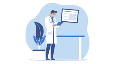 Erkek Doktorun Görüntüsü Kalp Atışı Verisini Ekranda Bilgiyle Analiz Ediyor