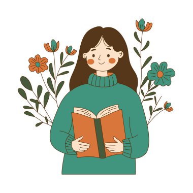 Masum İnek Kız Karakteri Çiçek Çiçeği Dekorasyonlu Bir Kitap Okuyor