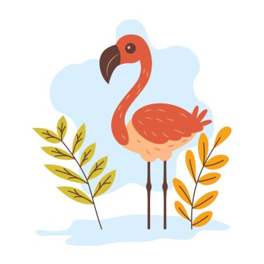 Parkta Yaprak Bitkileri Olan Şirin Flamingo Kuş Karakteri