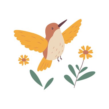 Şirin Sinekkuşu Kolibri Kuşu Çiçek Çiçeğiyle Doğa Parkında Uçuyor