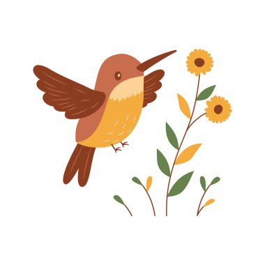 Şirin Sinekkuşu Kolibri Kuşu Çiçek Çiçeğiyle Doğa Parkında Uçuyor