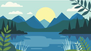 Yeşil Orman 'da Güneşli Dağ ve Göl Nehrinin Huzurlu Doğa Manzarası