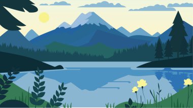 Yeşil Orman 'da Güneşli Dağ ve Göl Nehrinin Huzurlu Doğa Manzarası