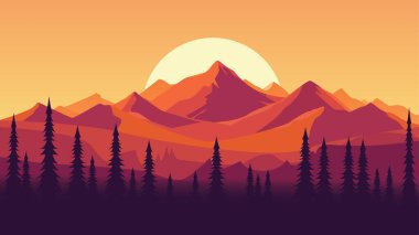 Gün batımında Ormanda Çam Ağacı ile Dağ Doğası Manzarası