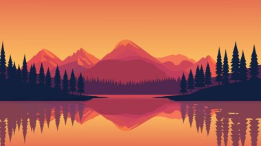 Gün batımında Nehir Gölü ve Çam Ağacı ile Dağ Doğa Manzarası