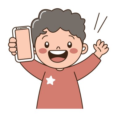Şirin kıvırcık saçlı çocuk karakteri Mutlu İfadeli Gadget El Telefonu