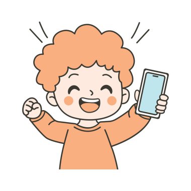 Şirin kıvırcık saçlı çocuk karakteri Mutlu İfadeli Gadget El Telefonu