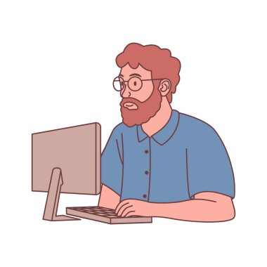 Sakallı Adam Serbest Çalışan Çizgi Film Karakteri Bilgisayarla çalışan gözlük takıyor