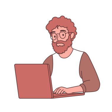 Sakallı Adam Serbest Çalışan Çizgi Film Karakteri Dizüstü bilgisayarla çalışan gözlük takıyor