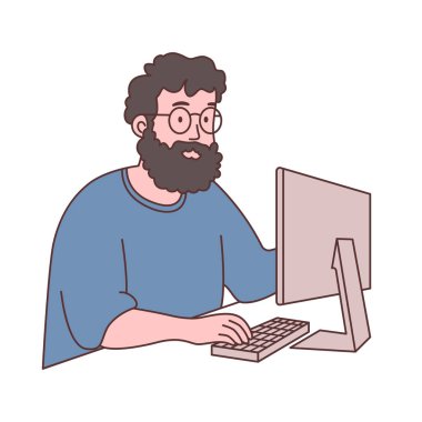 Sakallı Adam Serbest Çalışan Çizgi Film Karakteri Bilgisayarla çalışan gözlük takıyor