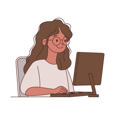 Girl Employee Cartoon Character Typing on Keyboard Working with Computer