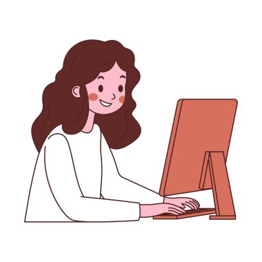 Girl Employee Cartoon Character Typing on Keyboard Working with Computer