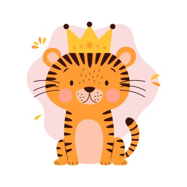 Cute Adorable Tiger Animal Cartoon Character Wearing King Crown in the Jungle clipart