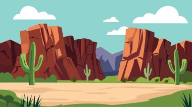 Rocky Cliff ve Parlak Gökteki Kaktüs Bitkisi ile Amerikan Çöl Doğa Manzarası Duvar Kağıdı