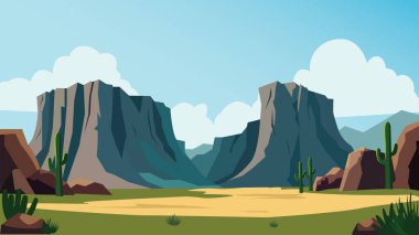 Rocky Cliff ve Parlak Gökteki Kaktüs Bitkisi ile Amerikan Çöl Doğa Manzarası Duvar Kağıdı